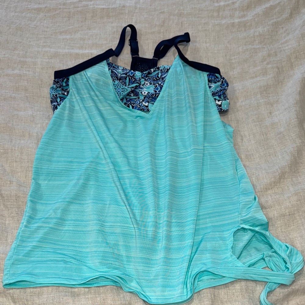 Teal and Black Strappy Swim Tank Top -L